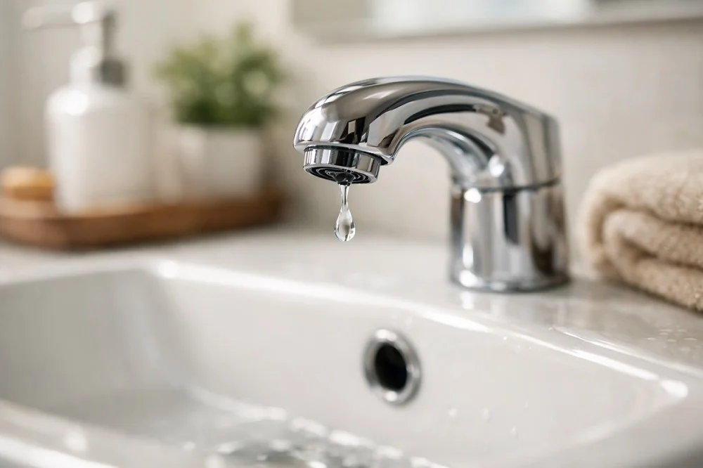 Evde damlayan musluk tamiri için kontrol edilen lavabo bataryası