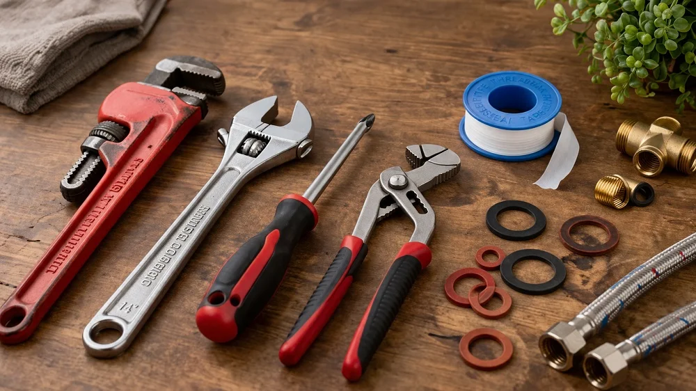 Musluk tamiri için gerekli olan İngiliz anahtarı, conta, tornavida ve teflon bant